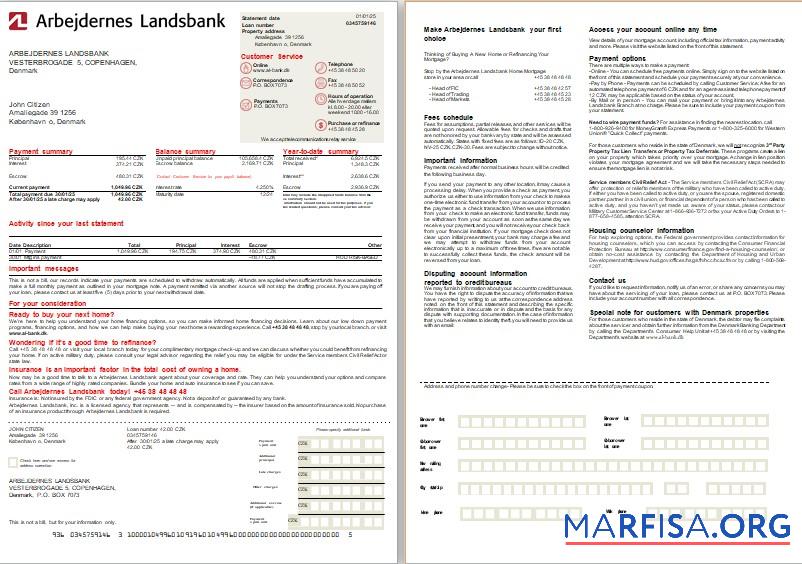 Blank Denmark Arbejdernes Landsbank bank mortgage statement, 2 pages, 1 2 scr example
